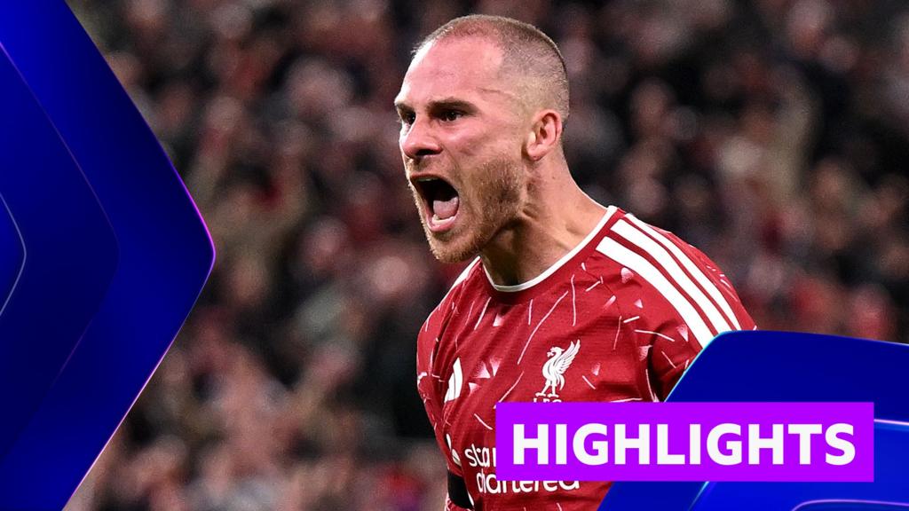 Liverpool footballer shouting in celebration during a match, with a purple “HIGHLIGHTS” graphic overlay