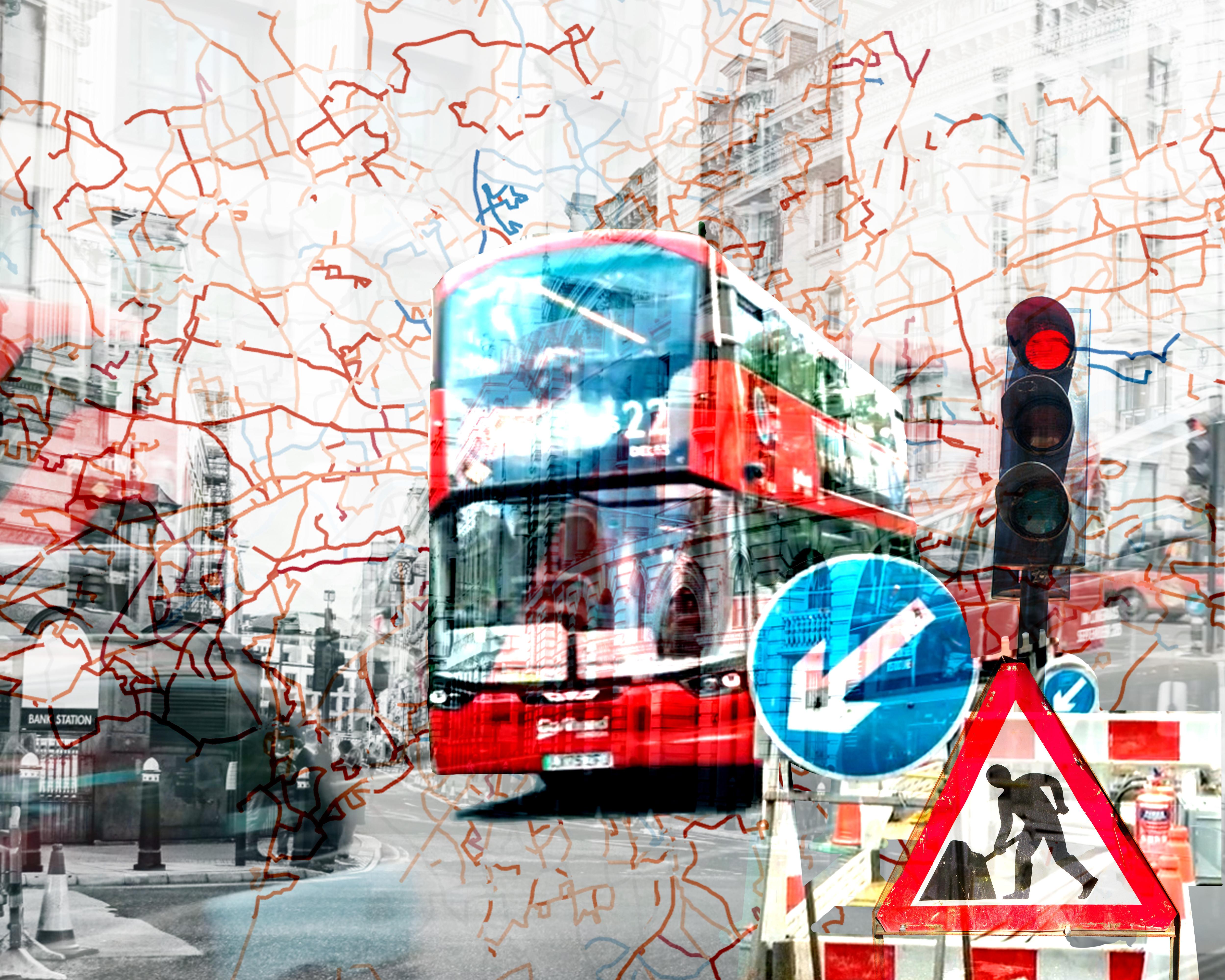 A red double-decker bus and a large warning sign appear overlaid with a city street map.