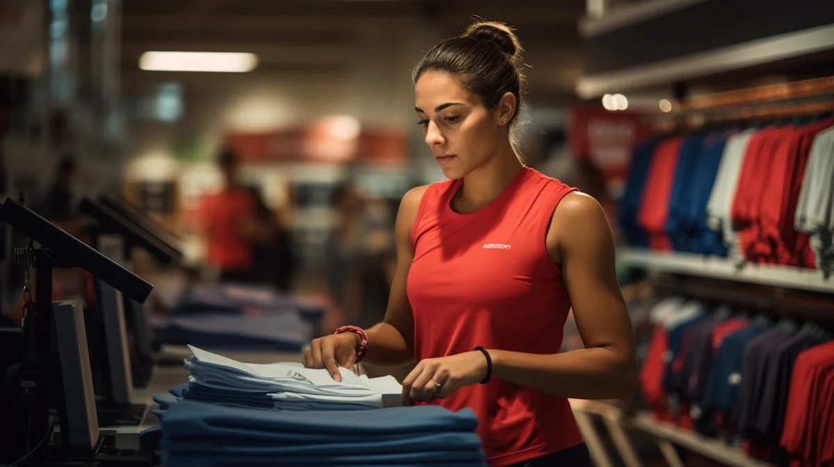 Woman in red athletic top folding clothing at a retail store counter