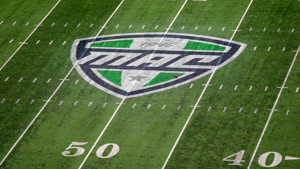 Western Michigan Broncos logo painted at midfield on a football field