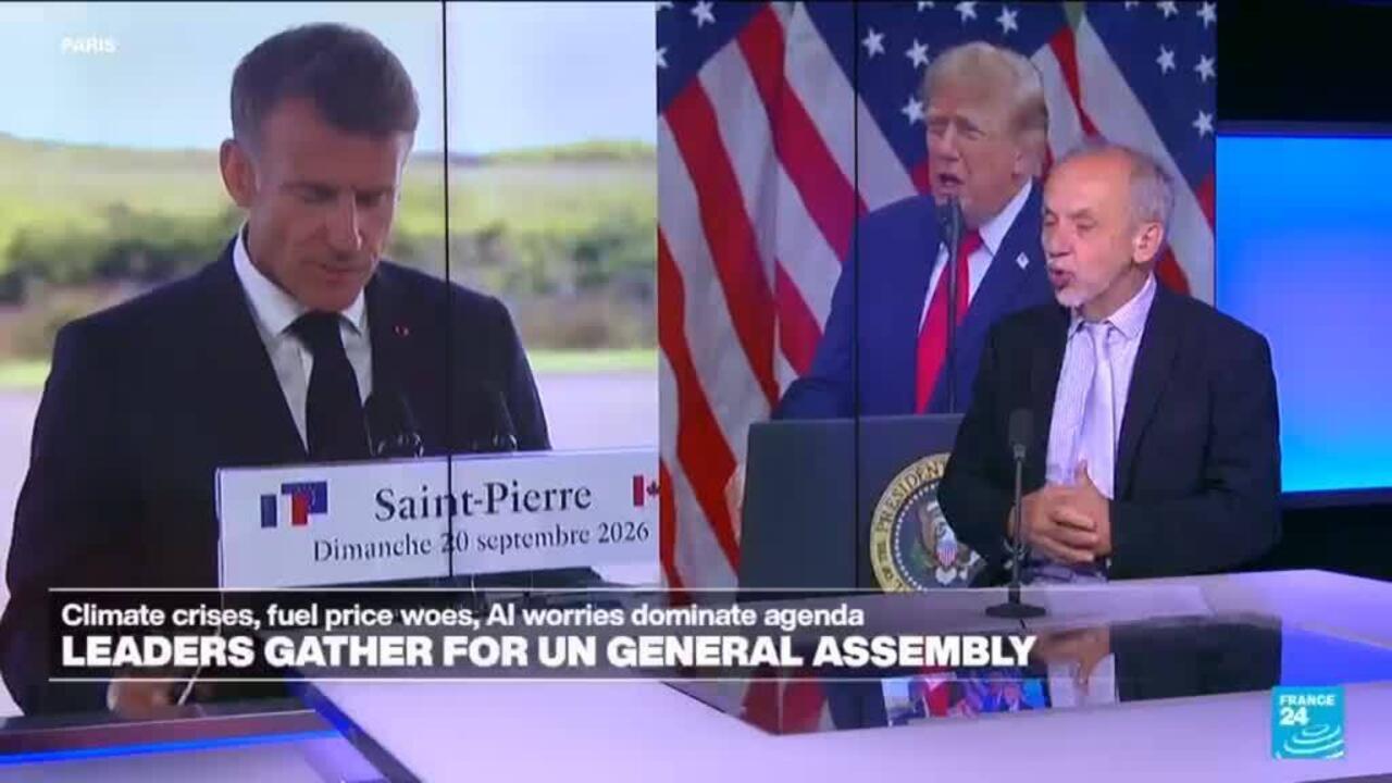 Split-screen broadcast shows suited speakers at podiums, with French and American flags visible.