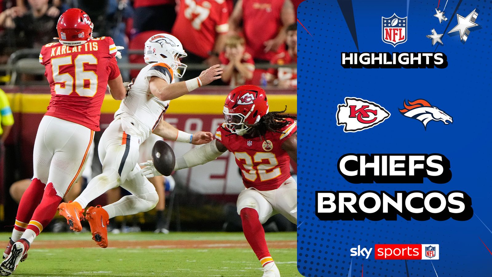 Kansas City Chiefs and Denver Broncos players collide during an NFL game beside a highlights graphic