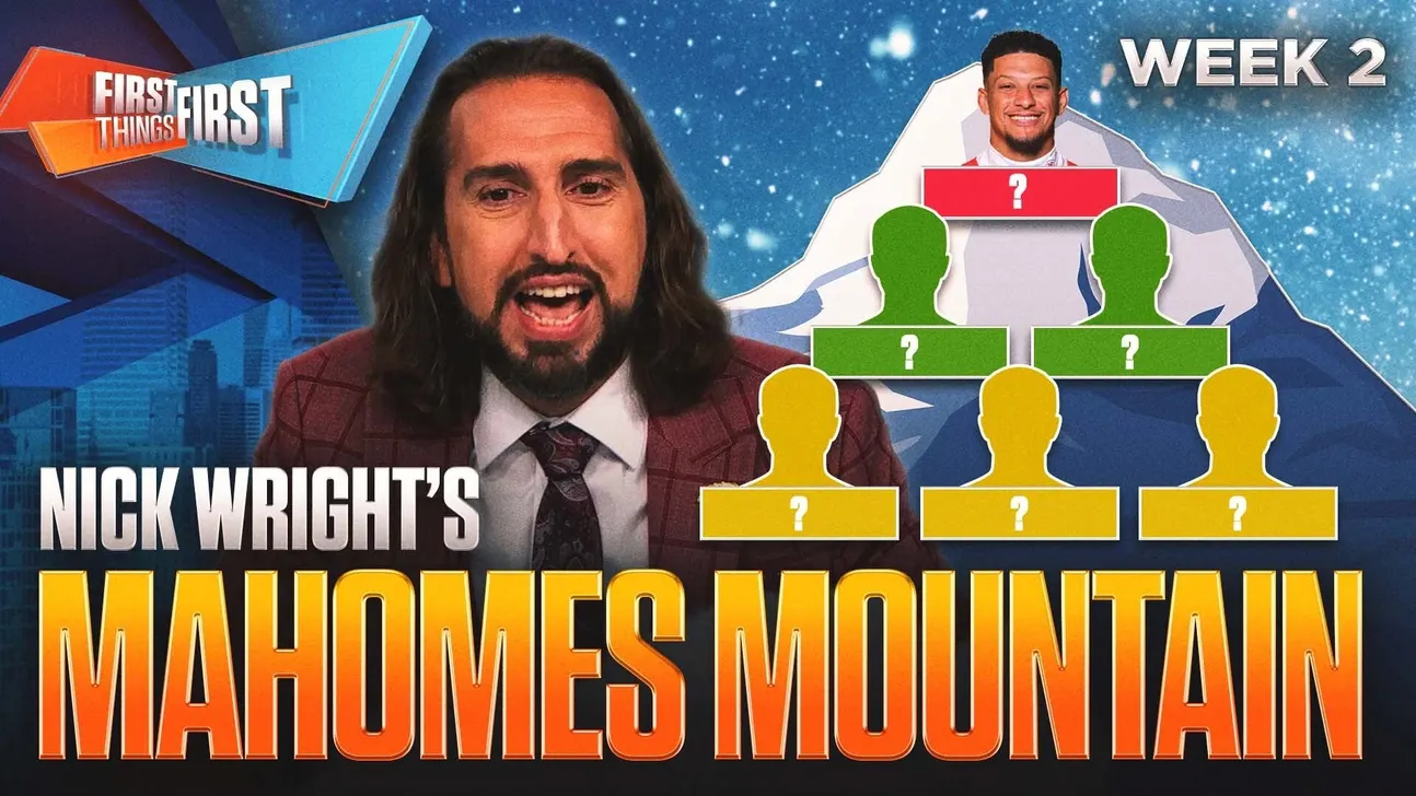 Sports graphic featuring Nick Wright, Patrick Mahomes, colorful player silhouettes, and Week 2 rankings