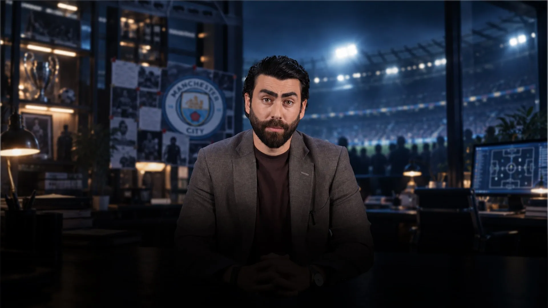Bearded man in a gray blazer sits before a Manchester City badge and a floodlit football stadium.