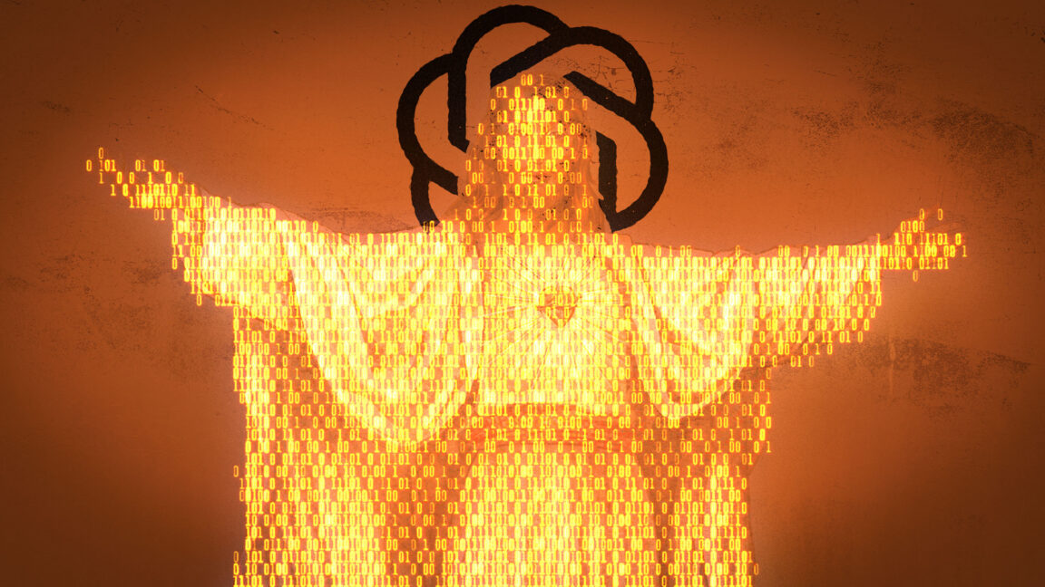 Human-shaped figure made of glowing binary code beneath a dark abstract head