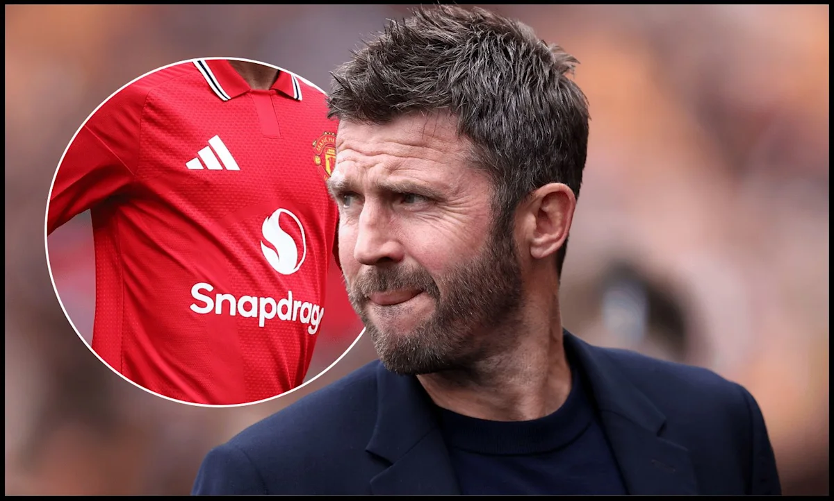 Bearded man in dark jacket beside inset image of a red Manchester United shirt