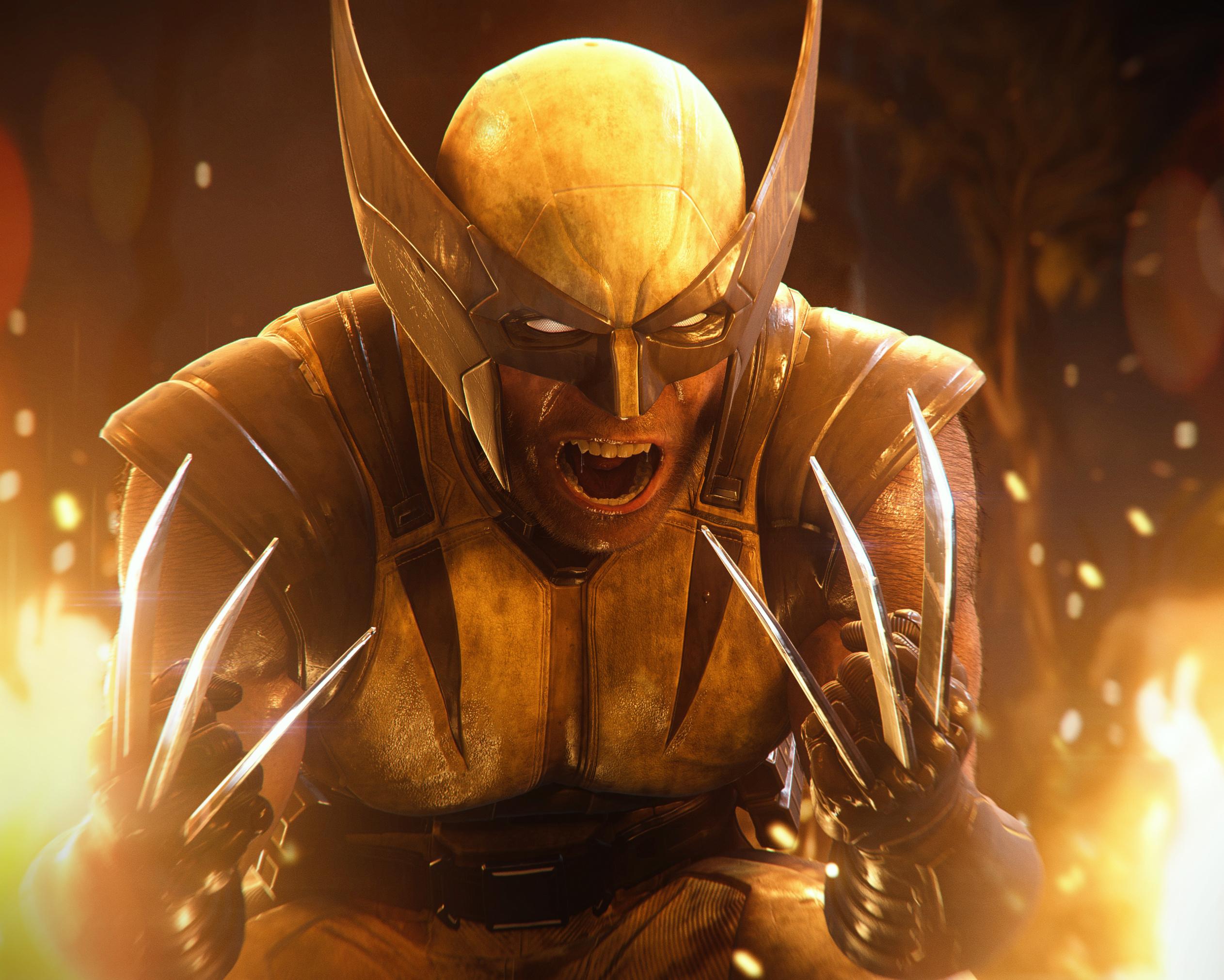 Armored, helmeted warrior snarls amid flames, with metal claws raised in the foreground.
