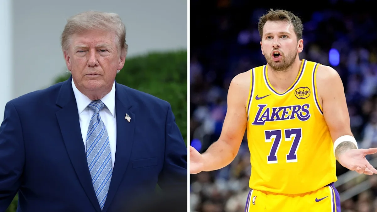 Split image of Donald Trump beside Luka Doncic wearing a yellow Los Angeles Lakers jersey.