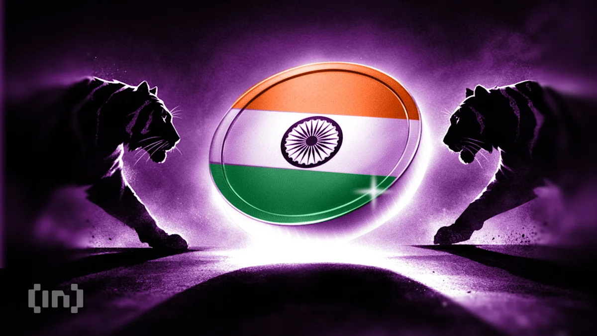 Two black tiger silhouettes face an illuminated Indian flag emblem against a vivid purple background.
