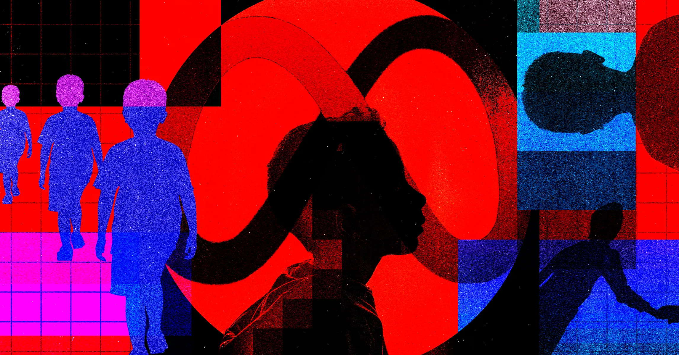 Abstract collage of blue and black human silhouettes against vivid red, blue, and magenta geometric patterns.