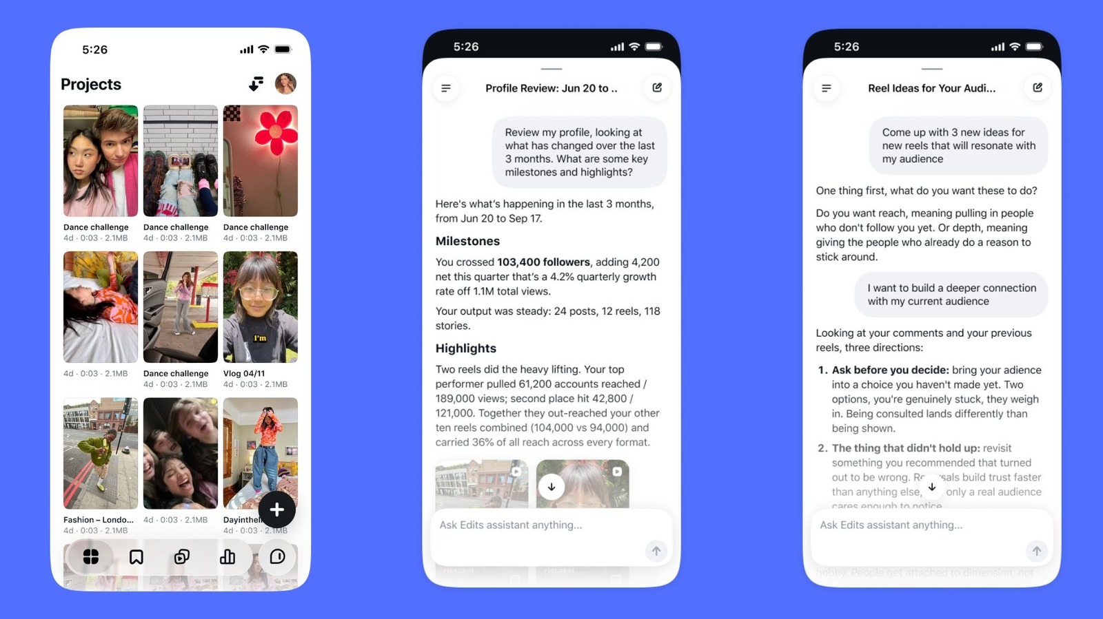 Three Instagram-style phone screens show creator projects and text conversations with an AI assistant.