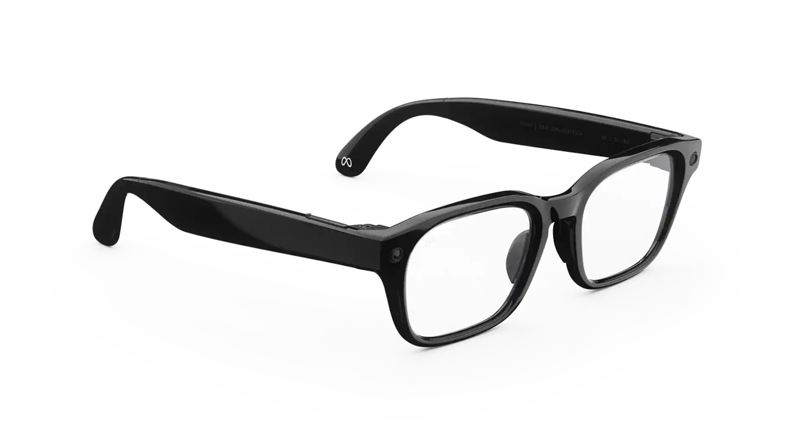 Black smart glasses with thick frames and clear lenses displayed against a white background