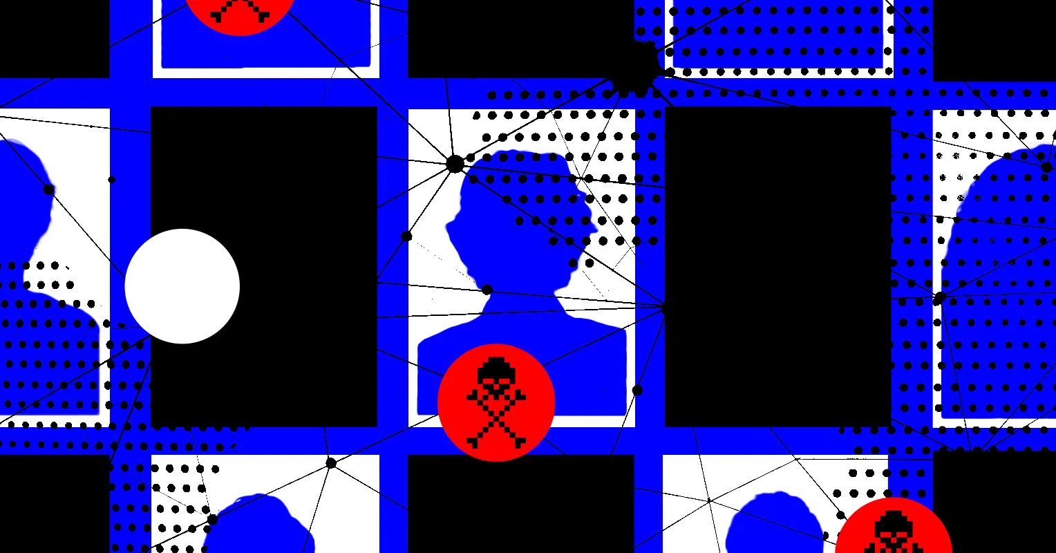 Abstract graphic of blue human silhouettes, red warning symbols, black rectangles, dots, and connecting lines.