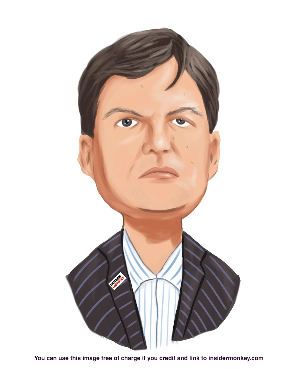 Illustrated portrait of a serious-looking man wearing a dark pinstriped suit and striped shirt.