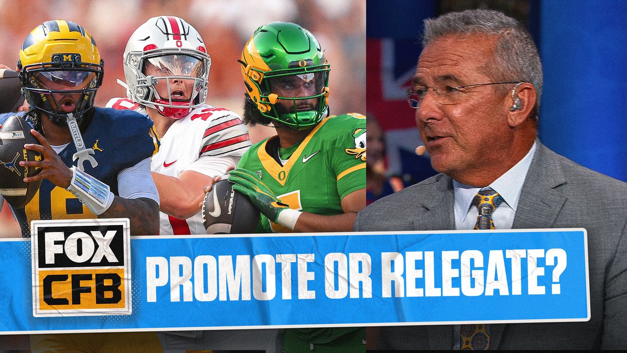 Three college football players and a broadcaster appear above a Fox CFB “Promote or Relegate?” banner.