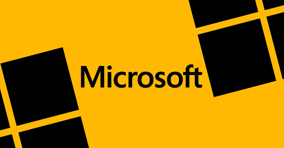 Microsoft wordmark centered on a yellow background with abstract black geometric shapes