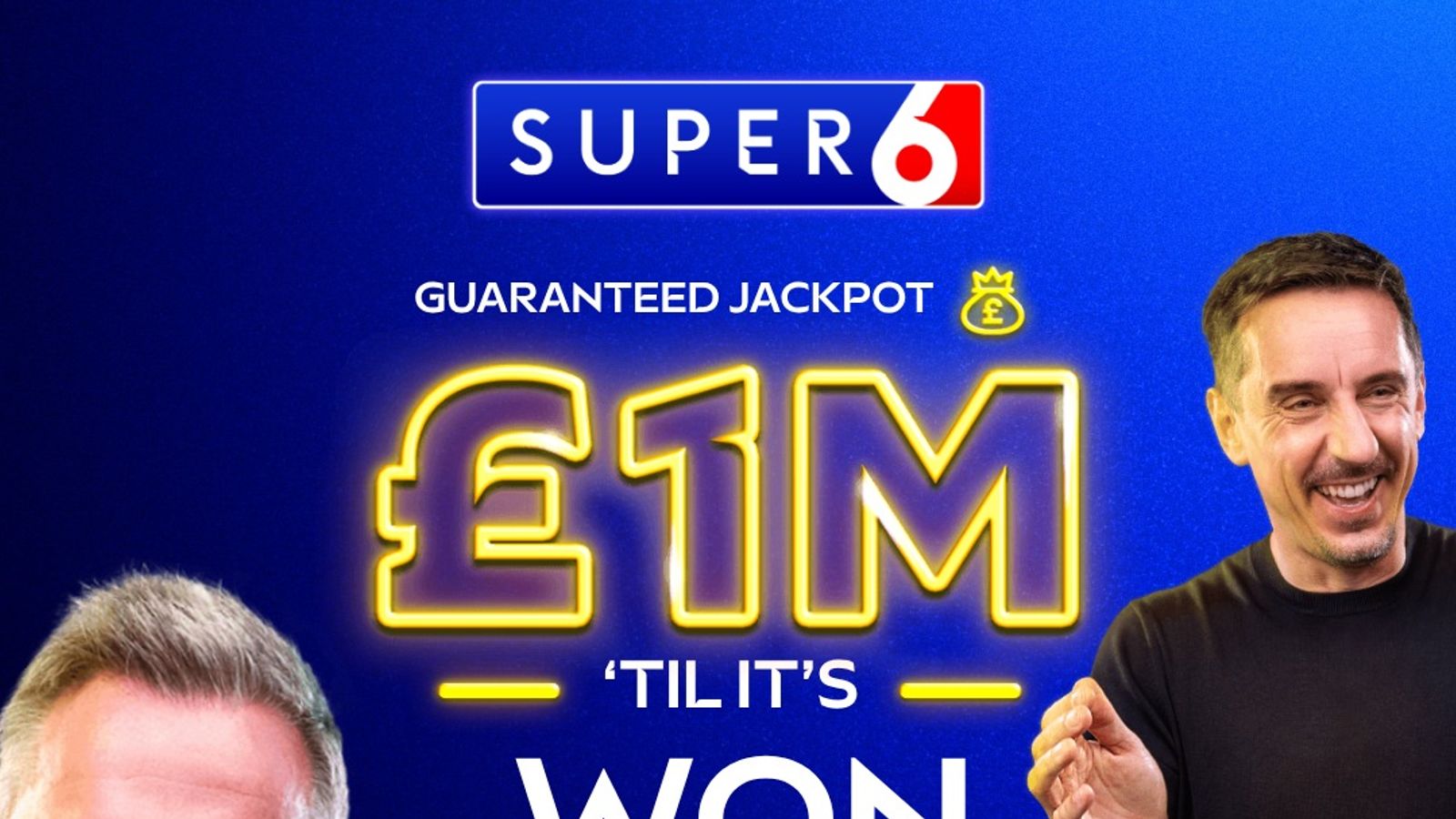 Super 6 jackpot graphic showing £1m prize text and a smiling man against a blue background