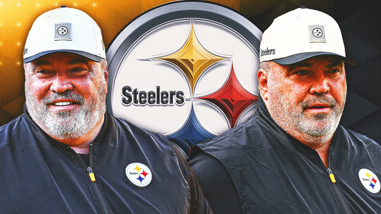 Two men in Steelers apparel flank a large Steelers logo in a stylized graphic
