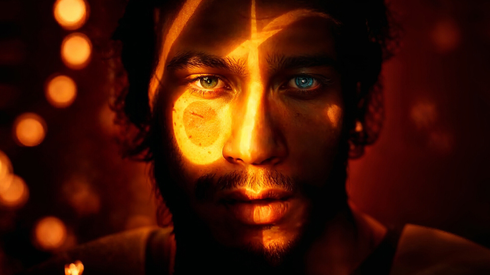 Dramatically lit close-up portrait of a bearded man with mismatched blue and brown eyes