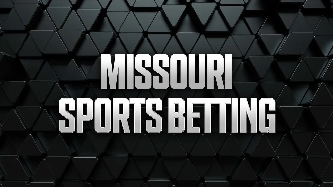 Silver text reading “Missouri Sports Betting” appears over a dark, geometric triangular background.
