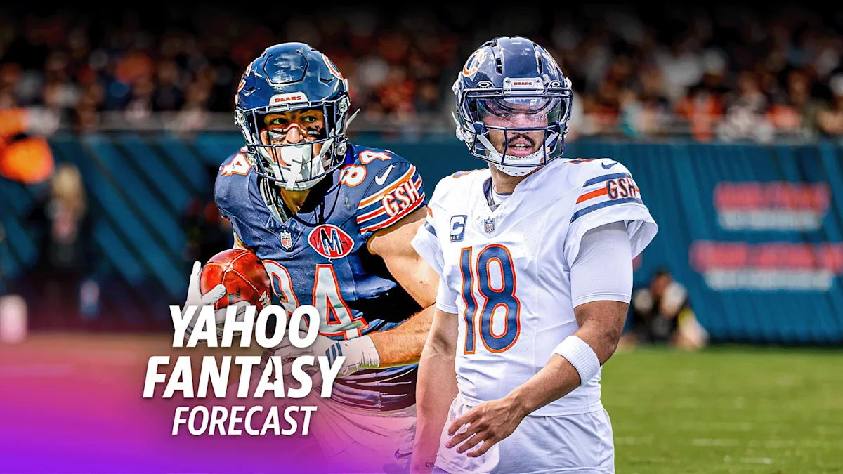Two football players in Bears uniforms on field, with Yahoo Fantasy Forecast text overlay.