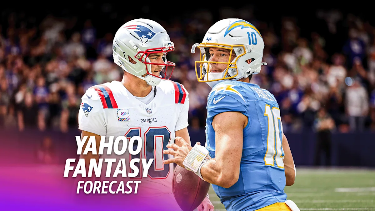 Two football players in Patriots and Chargers uniforms face each other, with Yahoo Fantasy Forecast text over the field.