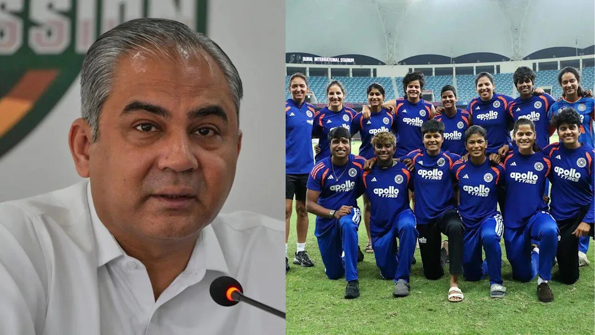 Split image showing a man speaking beside a women’s cricket team posing in blue uniforms