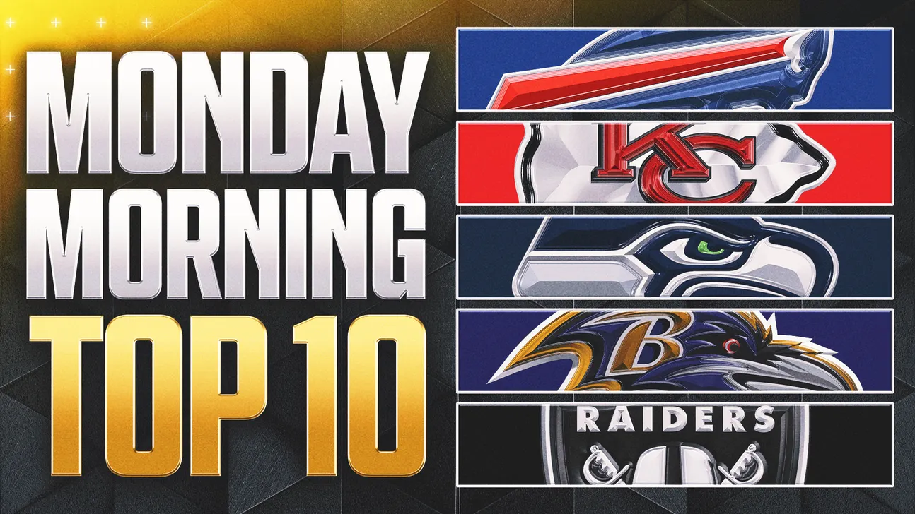 Graphic reads “Monday Morning Top 10” beside cropped NFL team logos on five horizontal panels.