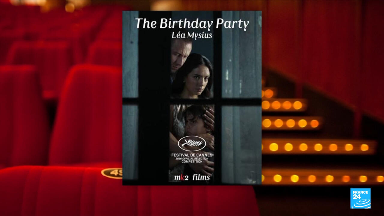 Poster for The Birthday Party shows a couple and child seen through a window.