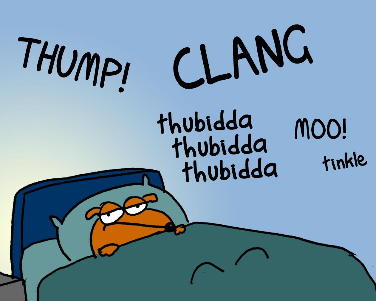 Cartoon animal lies in bed under blankets, surrounded by handwritten animal sounds against a blue background.