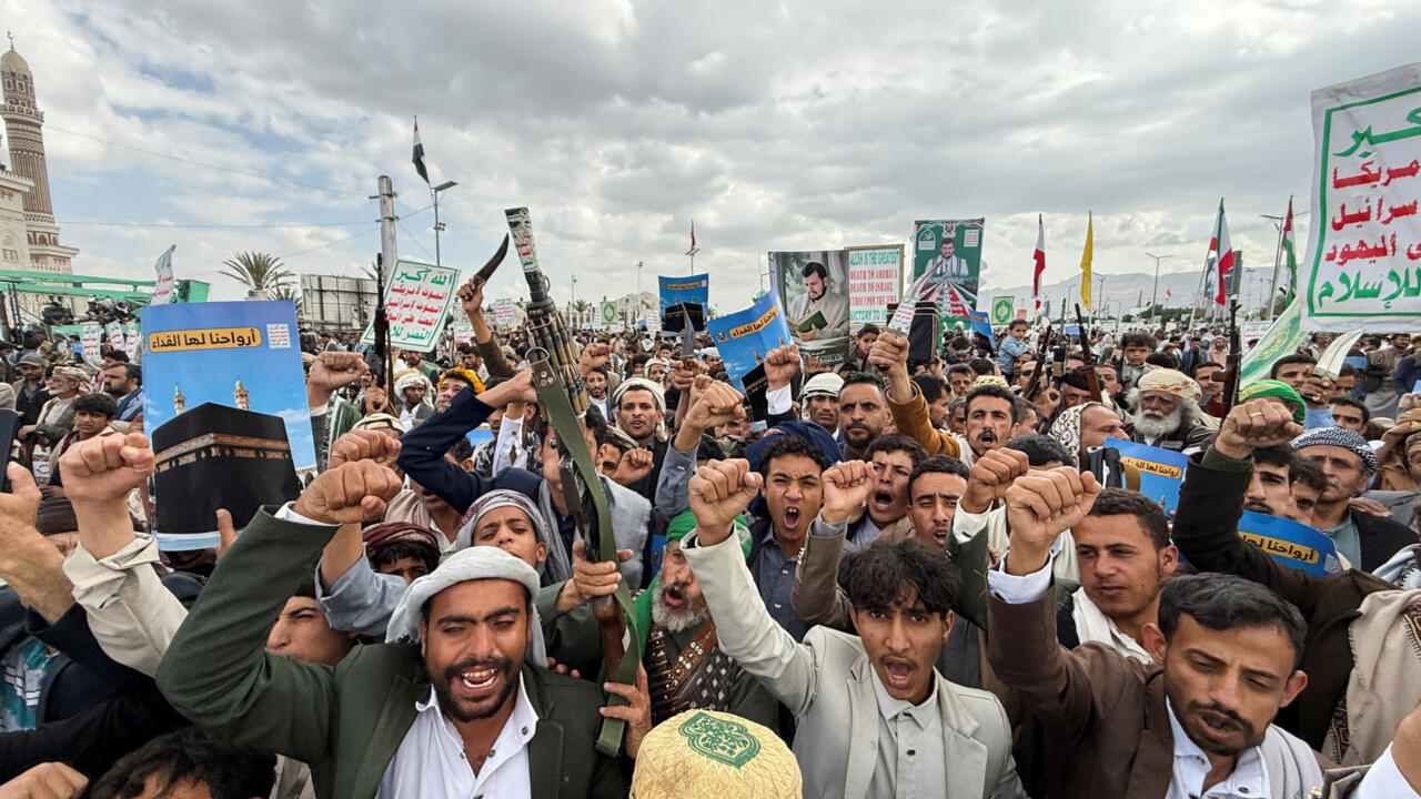 Crowd of men raising fists and flags, with signs and a rifle visible beneath cloudy skies.