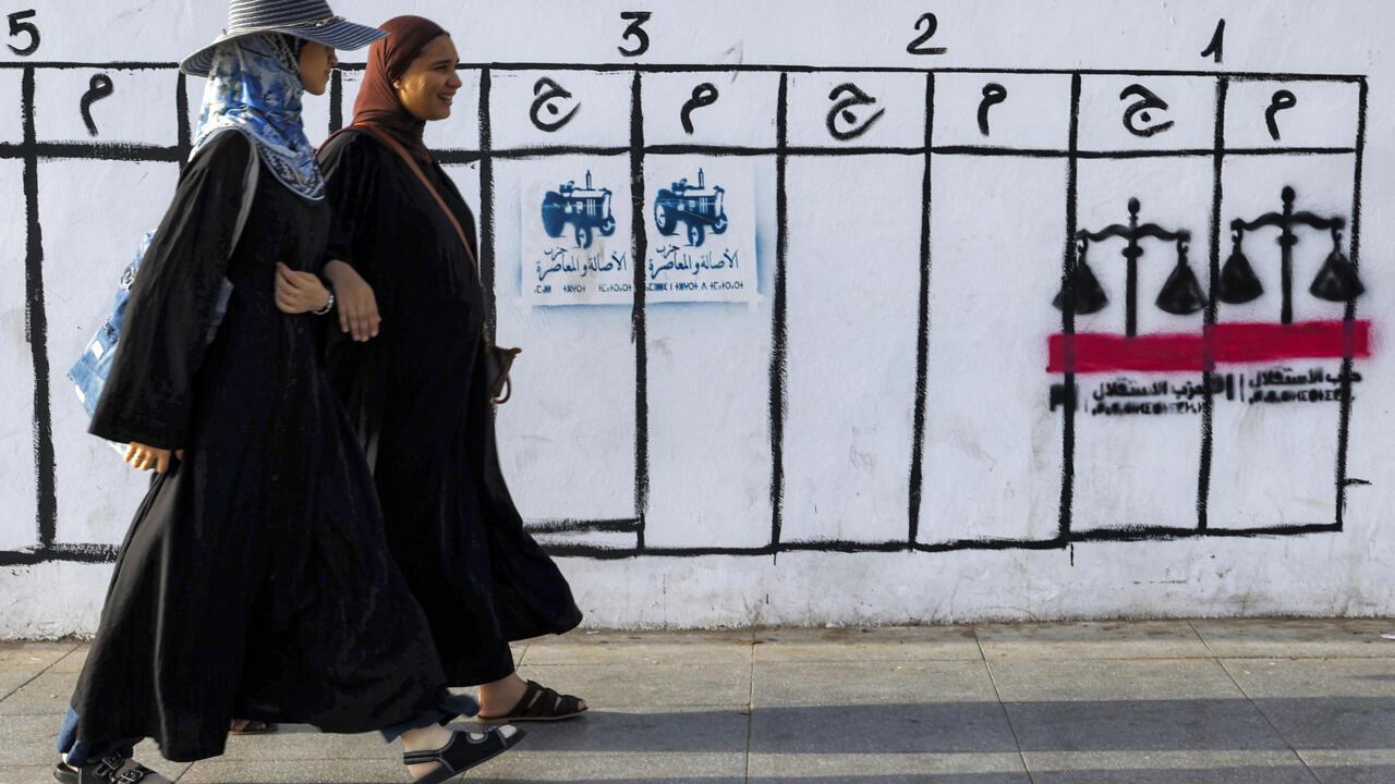 Two women in headscarves walk past a wall displaying Arabic signs and images of scales.