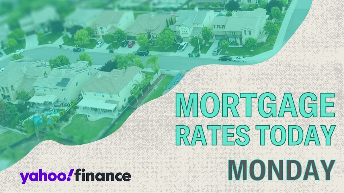 Aerial view of suburban homes with turquoise overlay and bold text about mortgage rates today Monday.