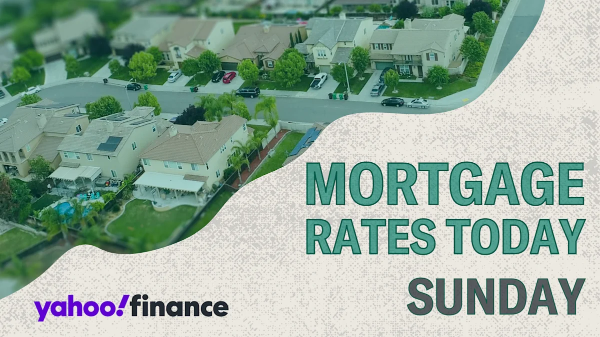 Aerial view of suburban homes with bold text reading “Mortgage Rates Today Sunday” and Yahoo Finance branding.