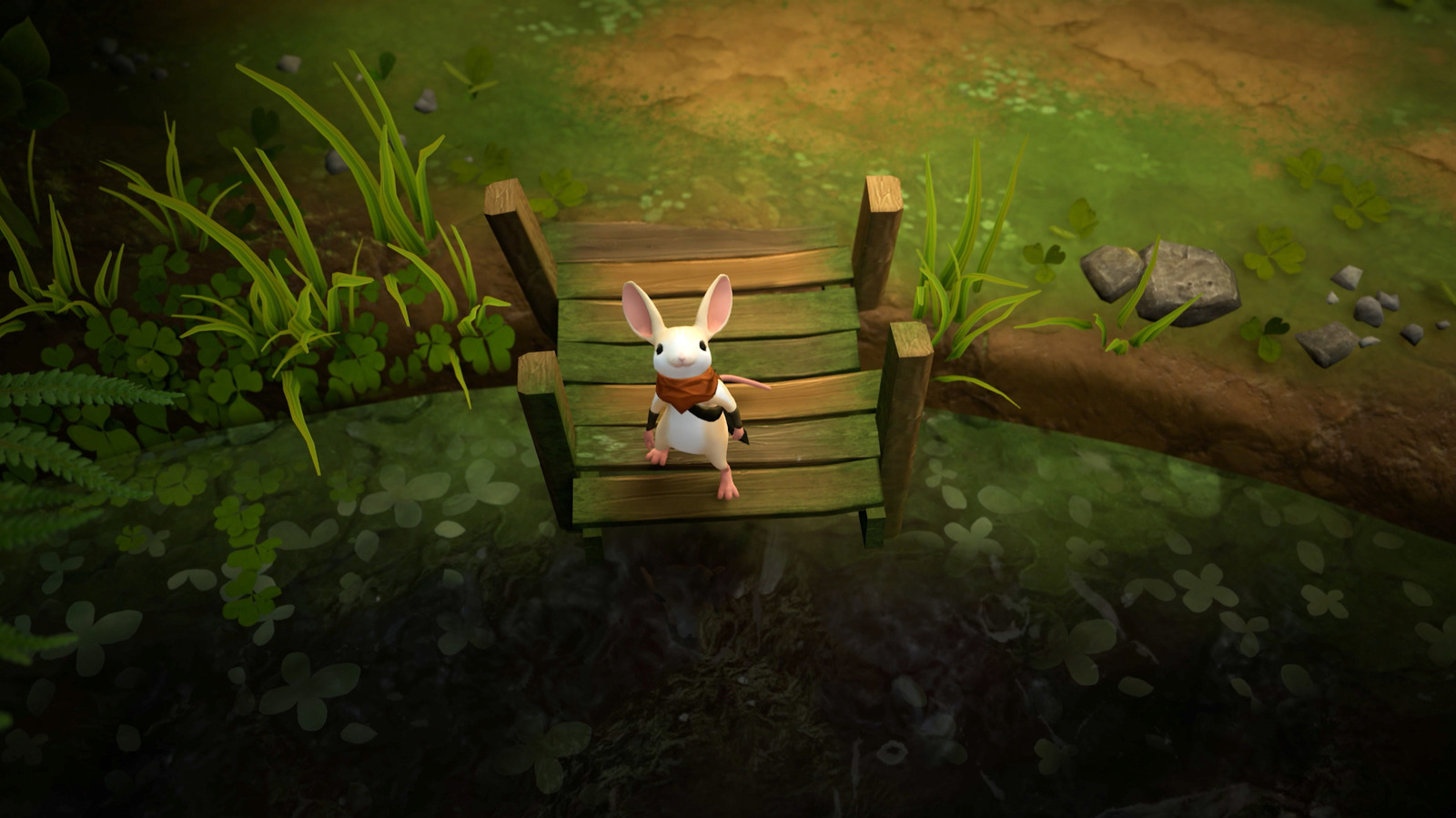 Stylized white rabbit character sitting on a moss-covered wooden bridge above dark water