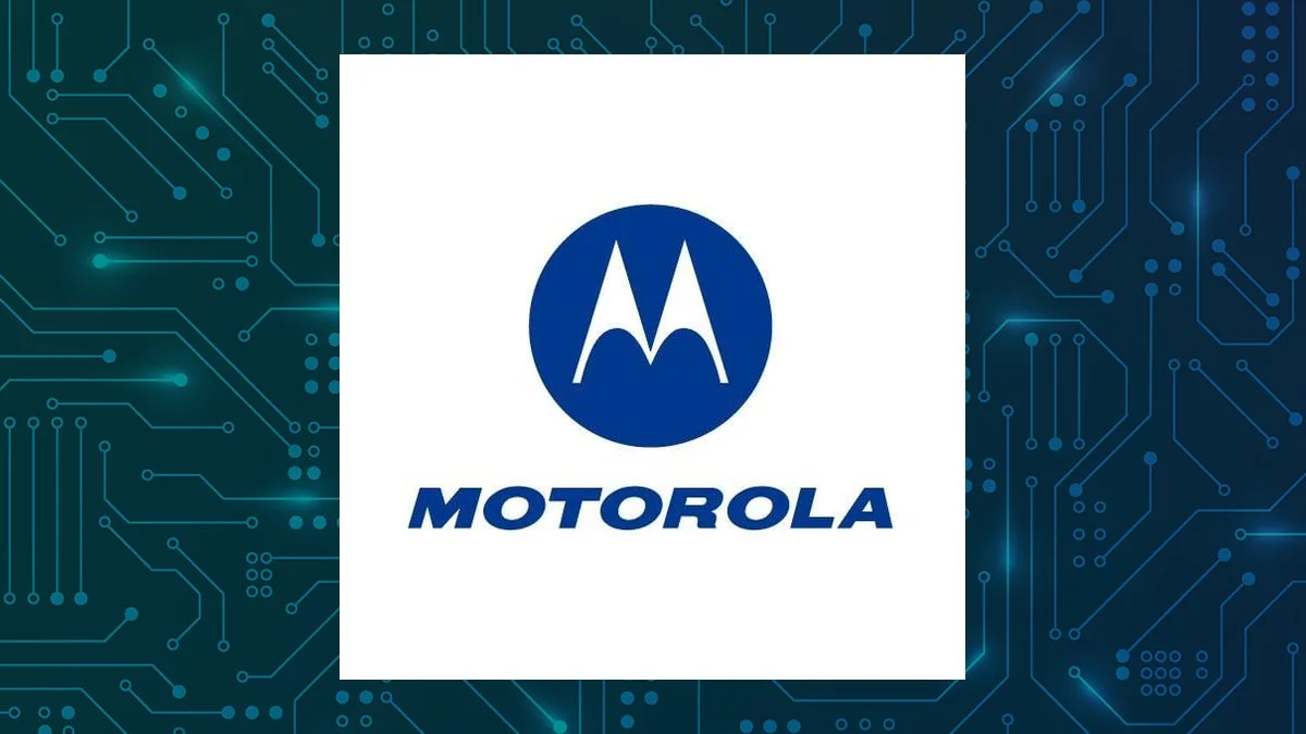 Motorola logo centered on a white panel against a blue circuit-board patterned background.