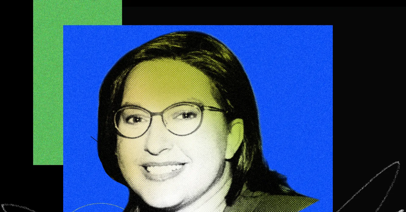 Halftone portrait of a smiling woman wearing glasses against blue and green geometric backgrounds.