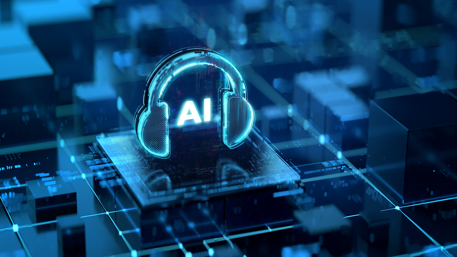 Glowing AI headphones displayed on a circuit board amid blue digital technology imagery