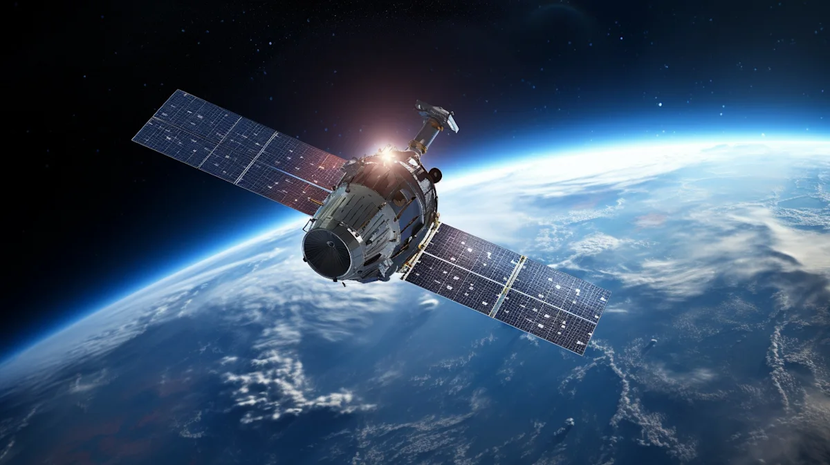 Satellite with extended solar panels orbiting above Earth’s illuminated blue horizon