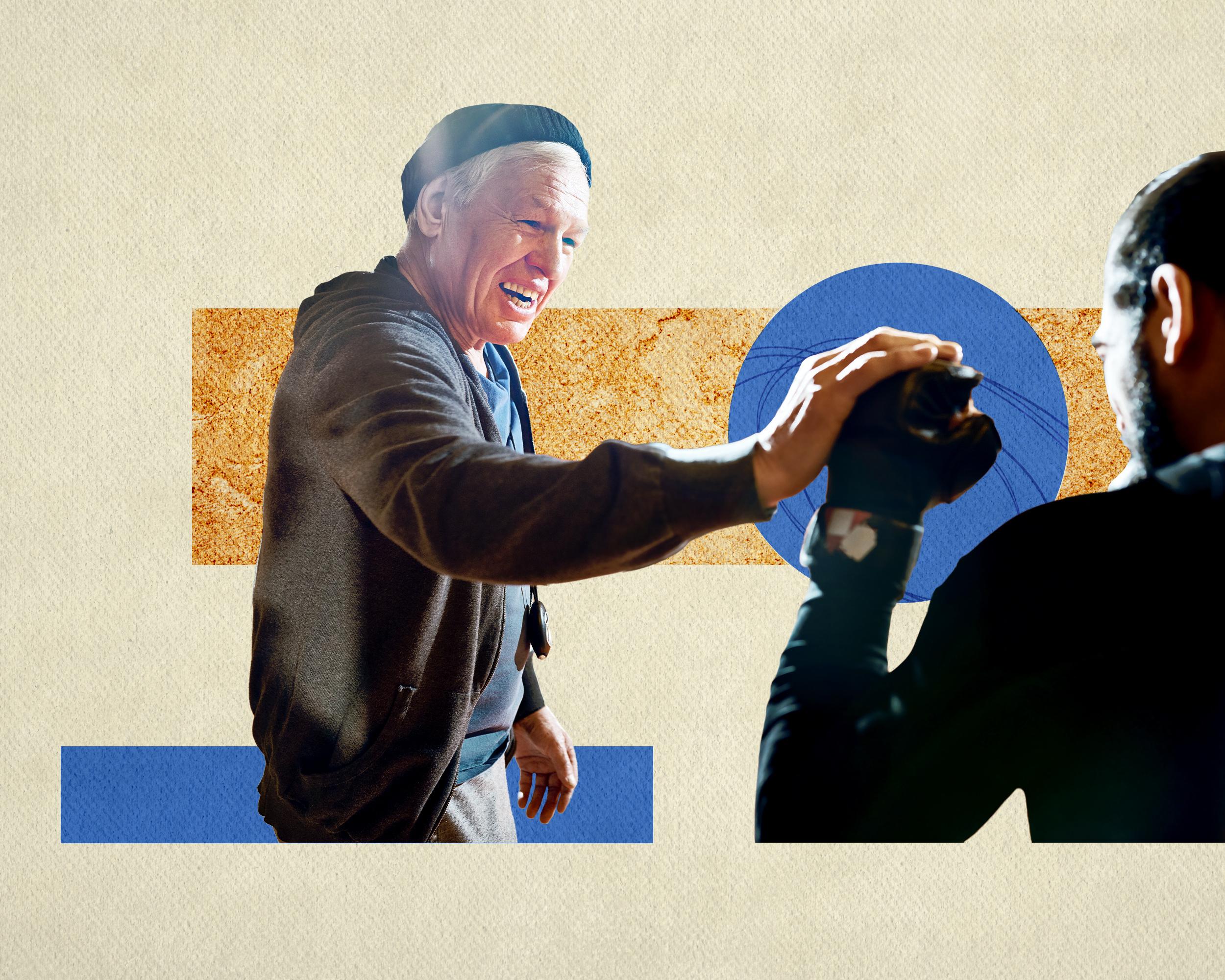 Older man reaches toward a gloved person wearing black protective headgear in a stylized collage.