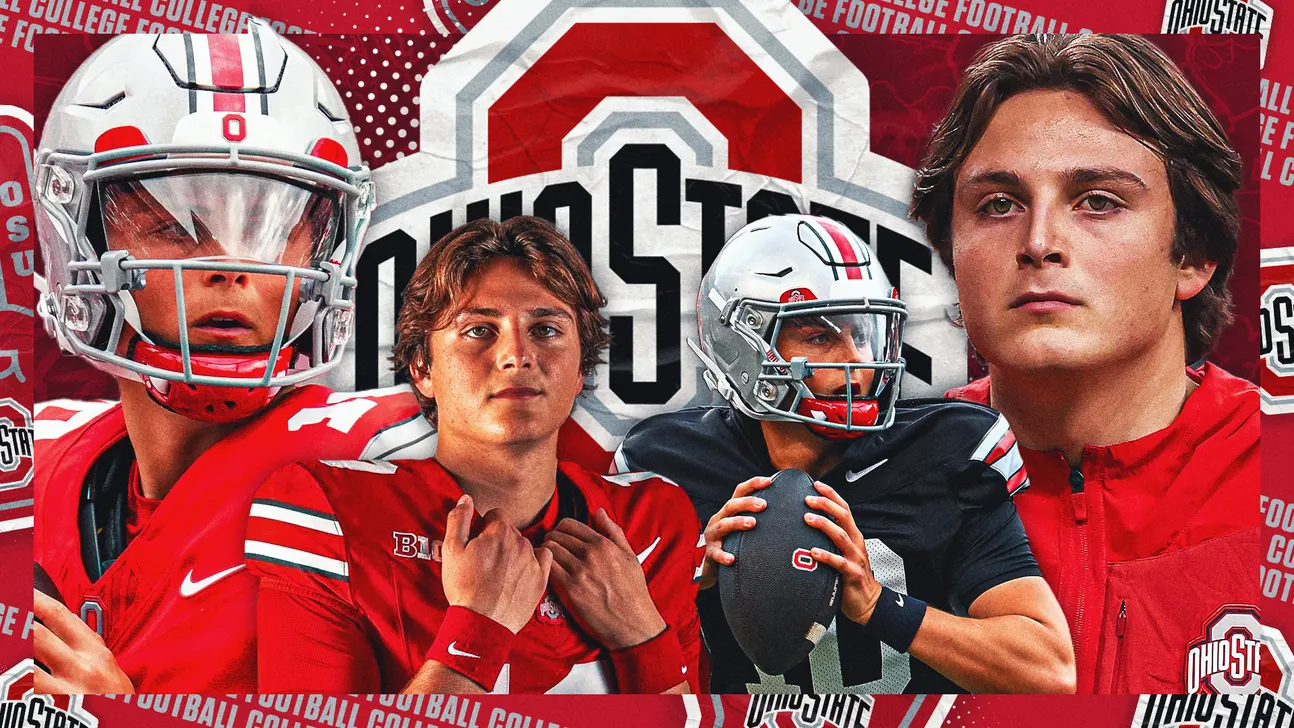 Collage of four Ohio State football players in red and black uniforms, with helmets and team logo