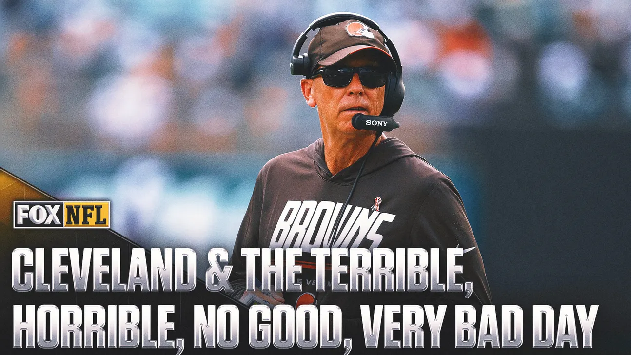 Cleveland Browns coach wearing sunglasses and a headset on the sideline beneath a FOX NFL graphic
