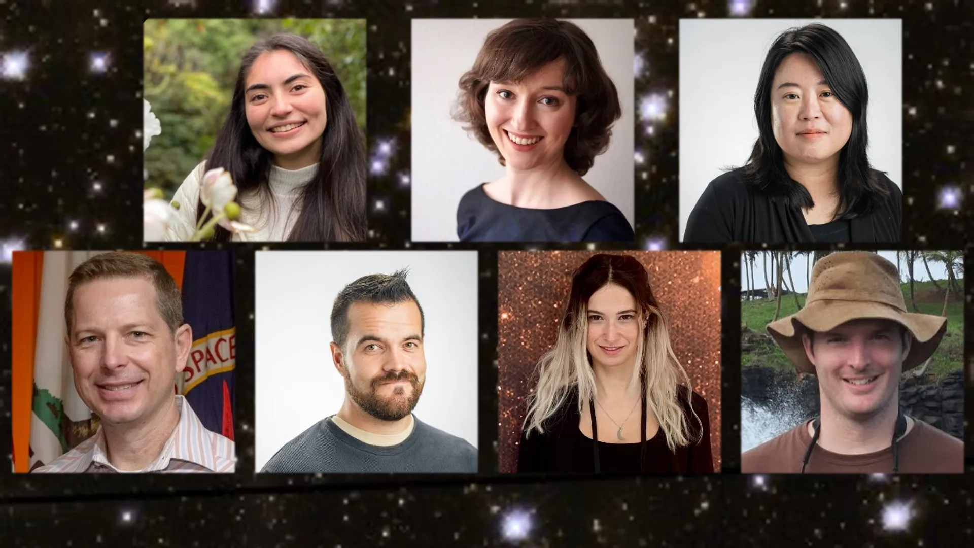 Collage of seven diverse people’s portraits arranged against a starry black background.