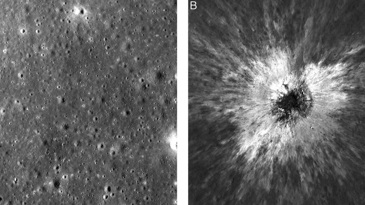 Split grayscale image showing a cratered lunar surface and a large bright-rayed impact crater.