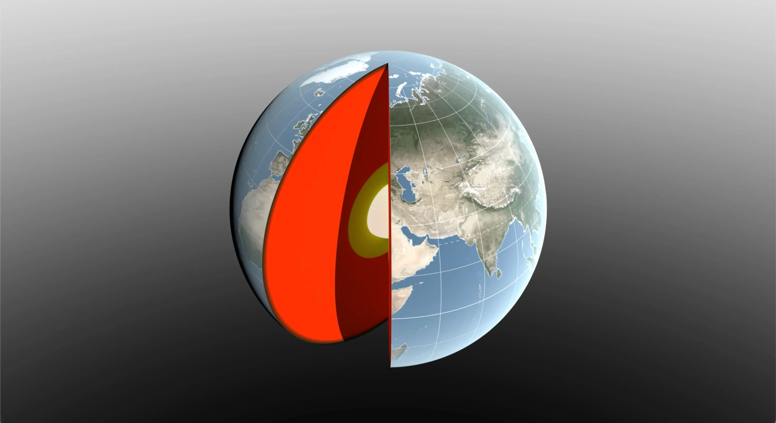 Cutaway Earth globe revealing bright red and dark inner layers beneath a mapped surface.