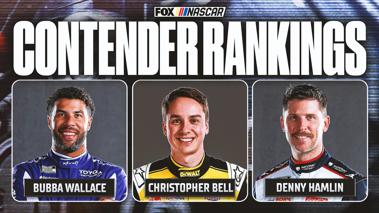 Fox NASCAR graphic featuring Bubba Wallace, Christopher Bell, and Denny Hamlin under contender rankings headline