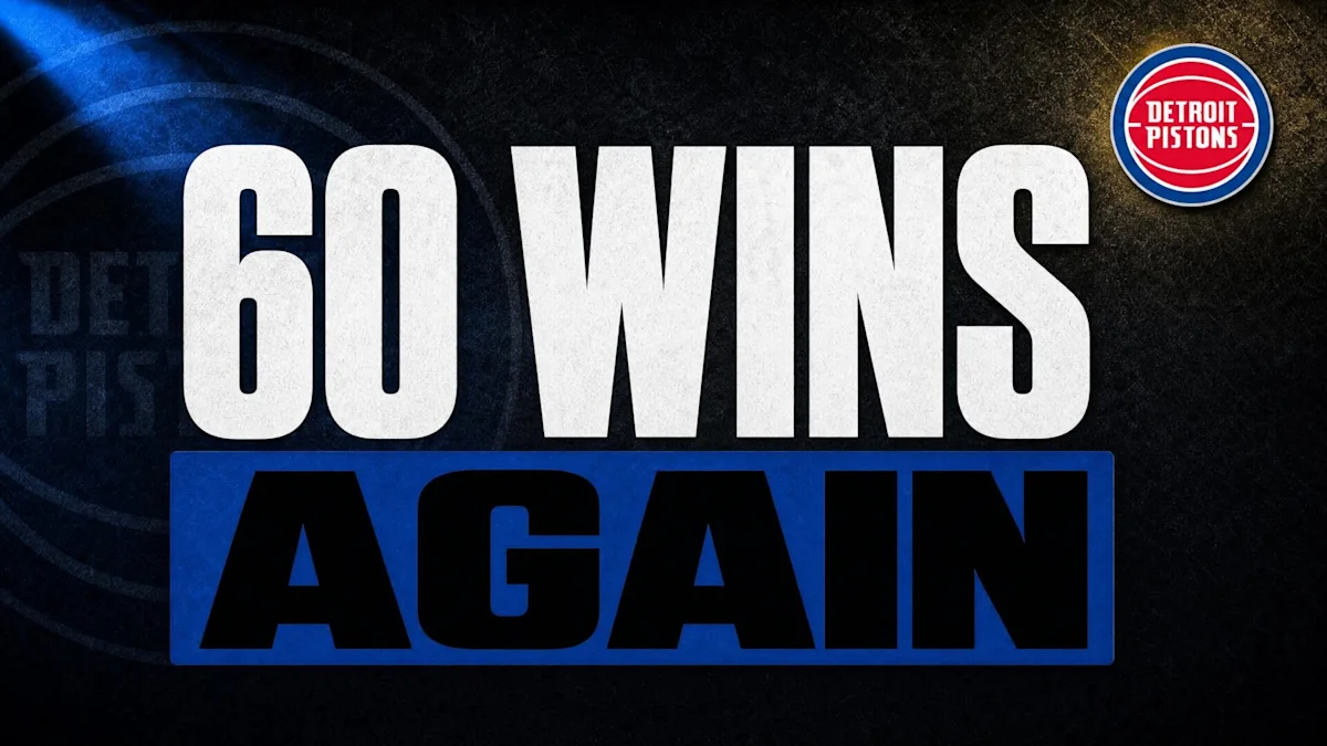 Graphic reading “60 WINS AGAIN” with a Detroit Pistons logo on a dark blue background.