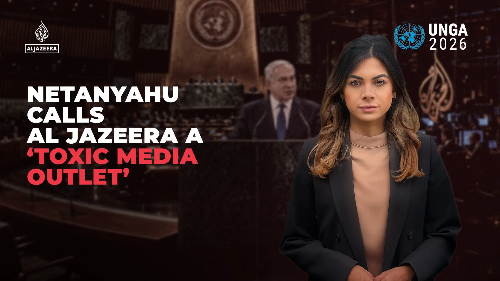 A woman in a black blazer stands before a blurred parliamentary chamber, beside a headline about Al Jazeera.
