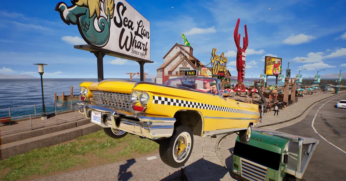 Yellow taxi beside a waterfront pier and Sea Lion Wharf sign under a bright blue sky