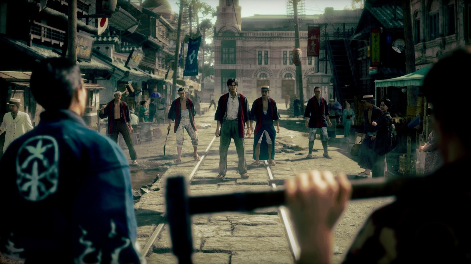 Game-like scene shows armed men confronting a figure on a vintage market street.